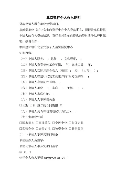 北京建行个人收入证明
