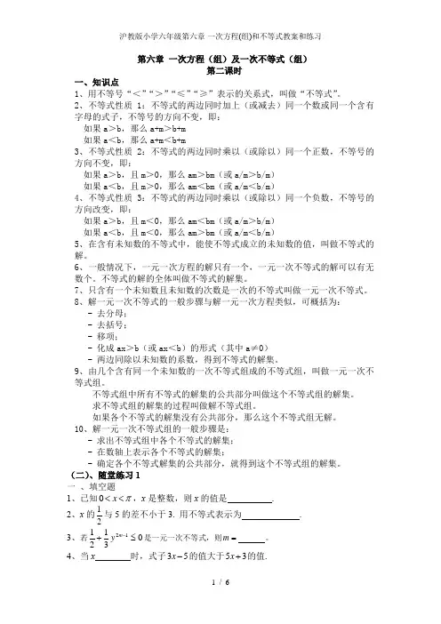 沪教版小学六年级第六章-一次方程(组)和不等式教案和练习