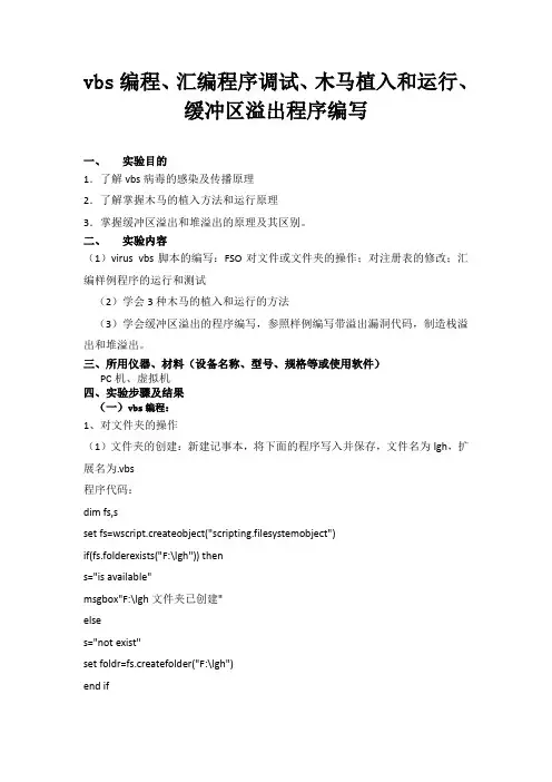 vbs编程、汇编程序调试、木马植入和运行、缓冲区溢出程序编写