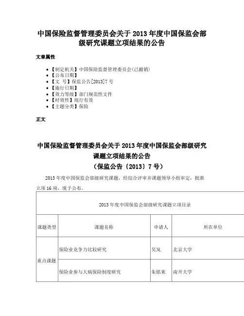中国保险监督管理委员会关于2013年度中国保监会部级研究课题立项结果的公告