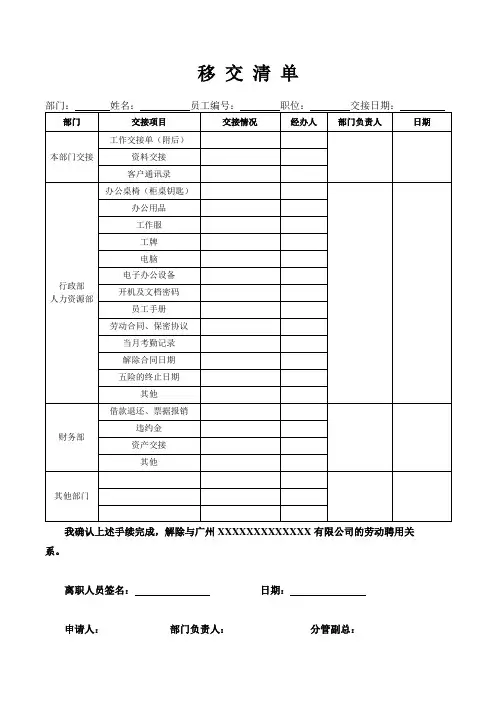 移交清单完整版