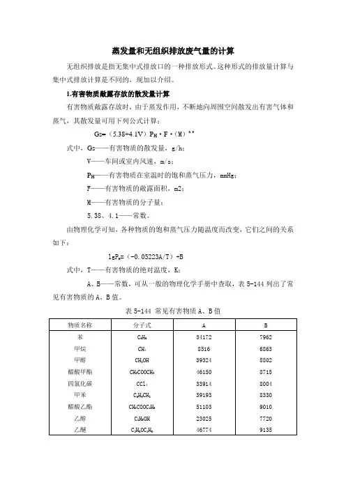 蒸发量和无组织废气量的计算