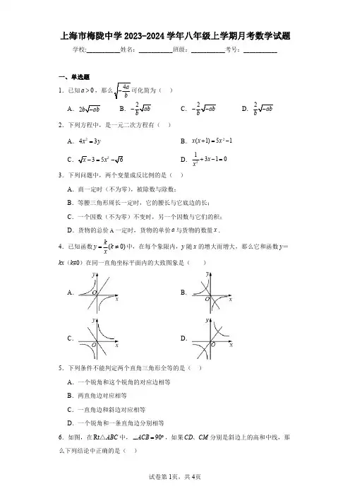 上海市梅陇中学2023-2024学年八年级上学期月考数学试题