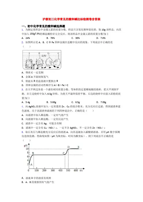 沪教初三化学常见的酸和碱达标检测卷含答案
