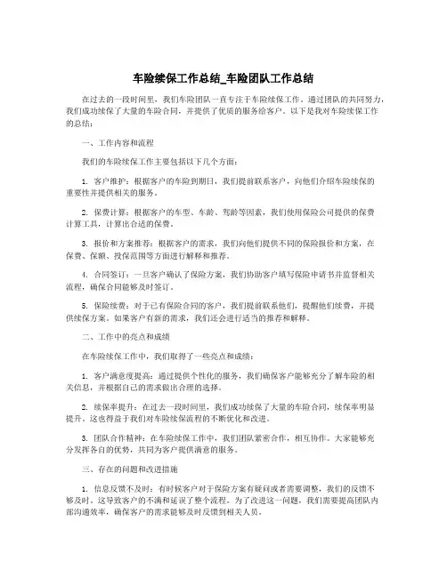 车险续保工作总结_车险团队工作总结