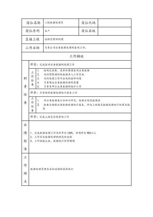 二级数据处理员--营销业务类岗位职责说明书