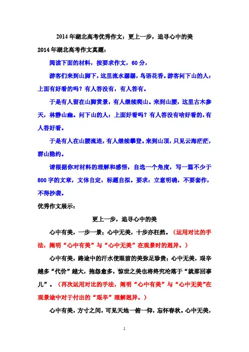 2014年湖北高考优秀作文：更上一步,追寻心中的美