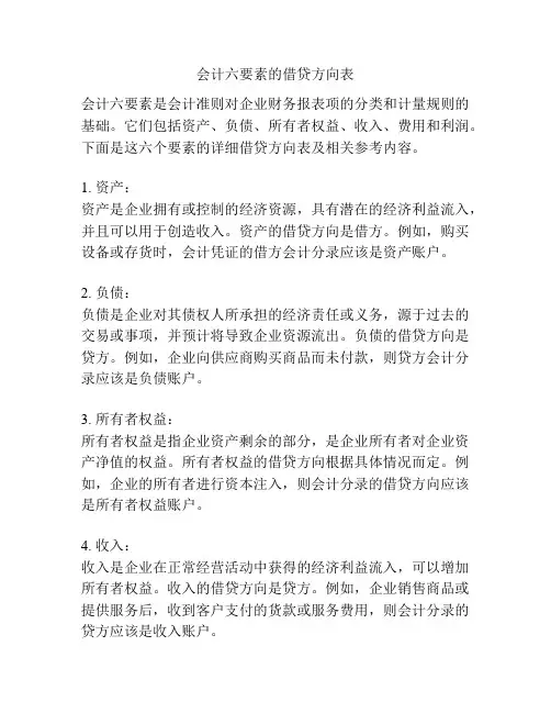 会计六要素的借贷方向表