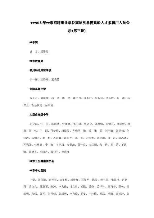 2018年信阳市招聘事业单位高层次急需紧缺人才拟聘用人员公示【模板】