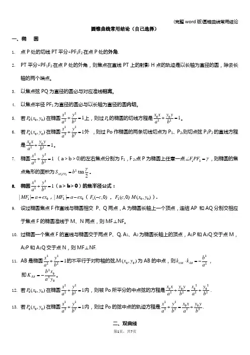(完整word版)圆锥曲线常用结论
