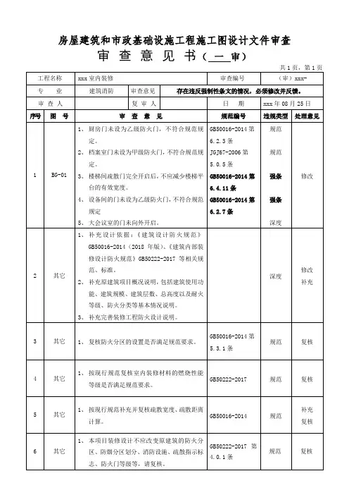 房屋建筑和市政基础设施工程施工图设计文件审查意见