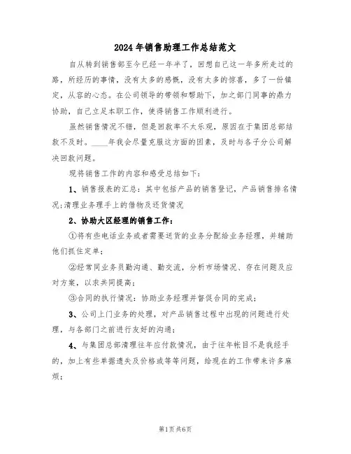 2024年销售助理工作总结范文(二篇)