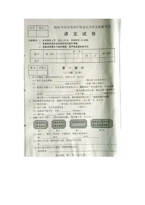 河北省2018年中考语文试题(图片版,含答案)