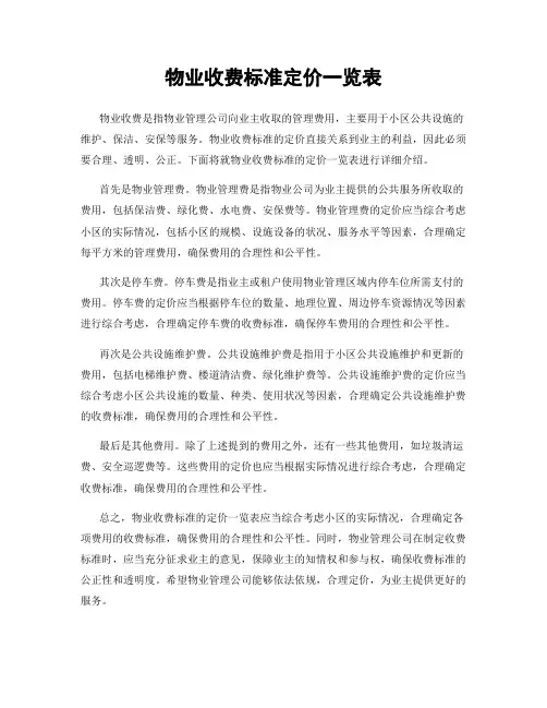物业收费标准定价一览表