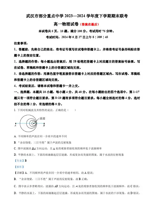 湖北省武汉市部分重点中学联考2023-2024学年高一下学期6月期末物理试题含答案