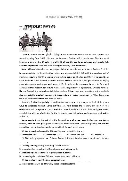 中考英语 英语阅读理解(含答案)