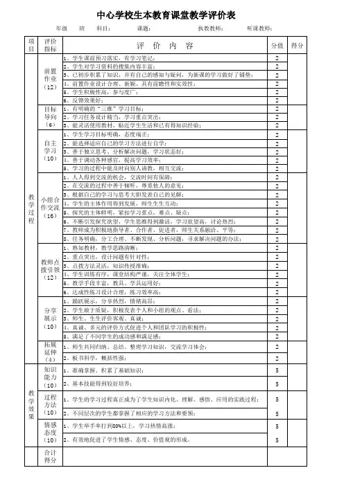 最新义务教育中小学公开课能手大赛教师教学课堂评价评分表