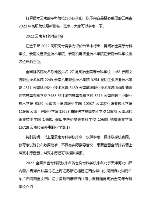2022云南专科学校排名 高职院校最新排行榜
