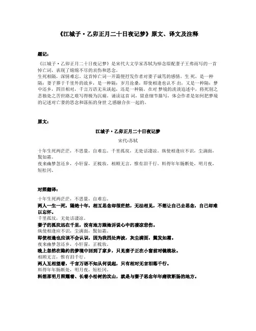 《江城子-乙卯正月二十日夜记梦》原文、译文及注释