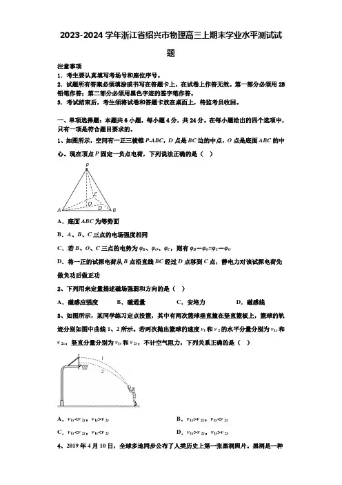 2023-2024学年浙江省绍兴市物理高三上期末学业水平测试试题含解析