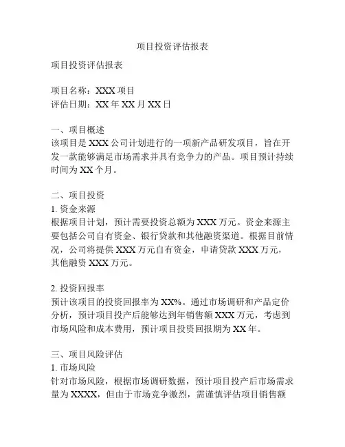 项目投资评估报表