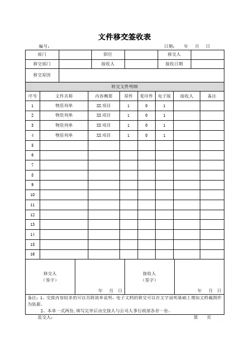 文件移交签收表