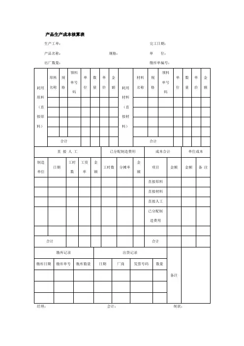 产品生产成本核算表