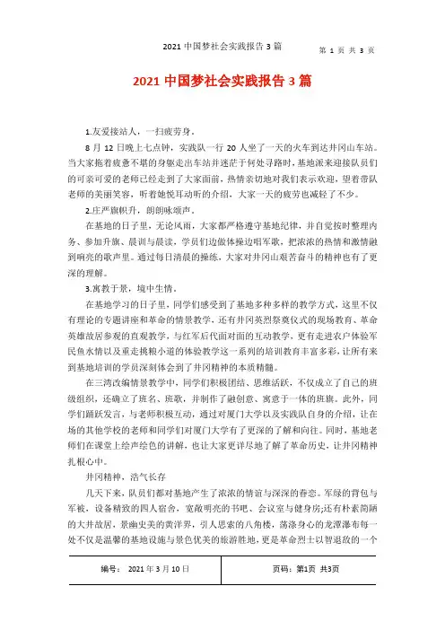 2021中国梦社会实践报告3篇