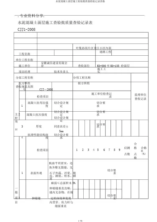水泥混凝土面层施工检验批质量检验记录表格