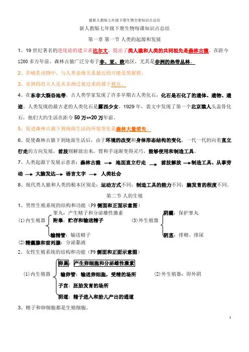 最新人教版七年级下册生物全册知识点总结
