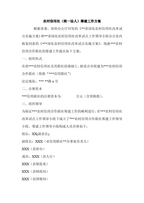 农村信用社(统一法人)筹建工作方案