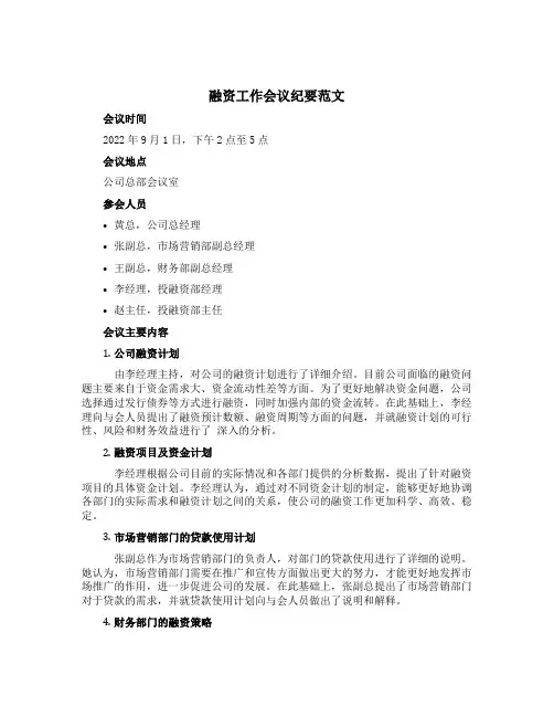 融资工作会议纪要范文