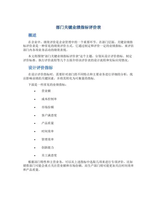 部门关键业绩指标评价表