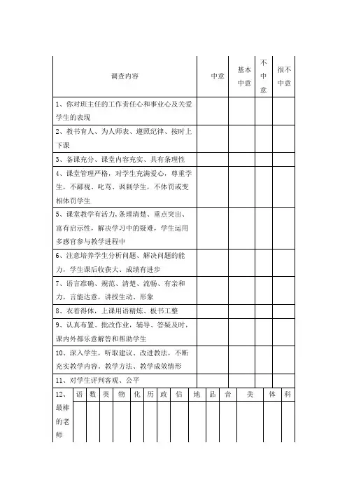 小学生对教师满意度调查表