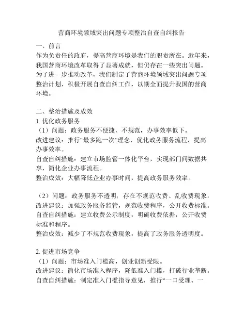 营商环境领域突出问题专项整治自查自纠报告