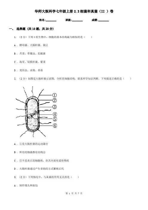 华师大版科学七年级上册2.3细菌和真菌(II)卷
