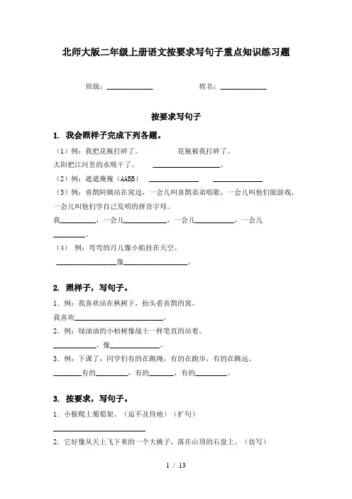北师大版二年级上册语文按要求写句子重点知识练习题
