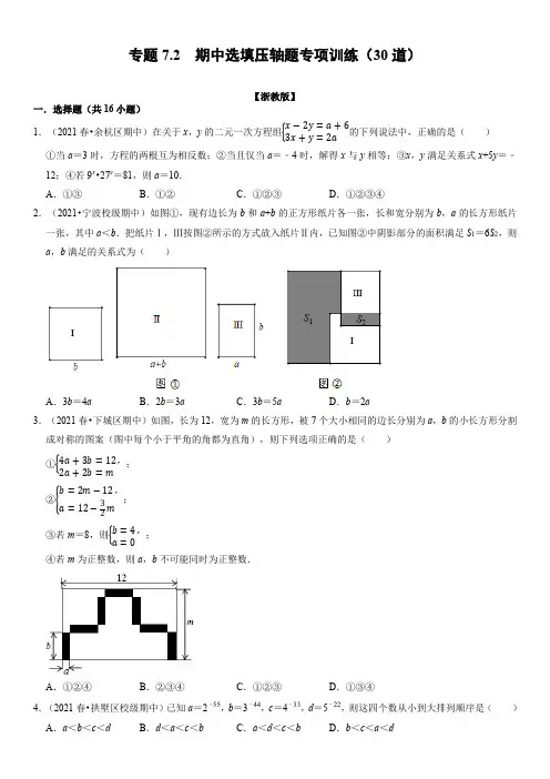 浙教版七年级数学下册期中选填压轴题专项训练(30道)(学生版)