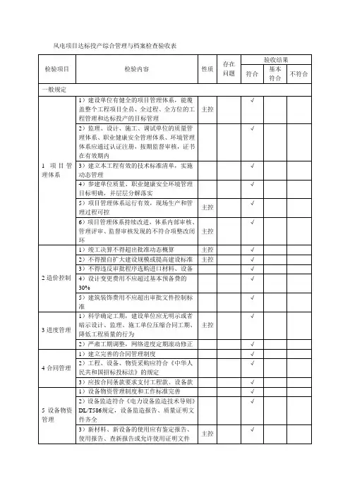 风电项目达标投产综合管理与档案检查验收表