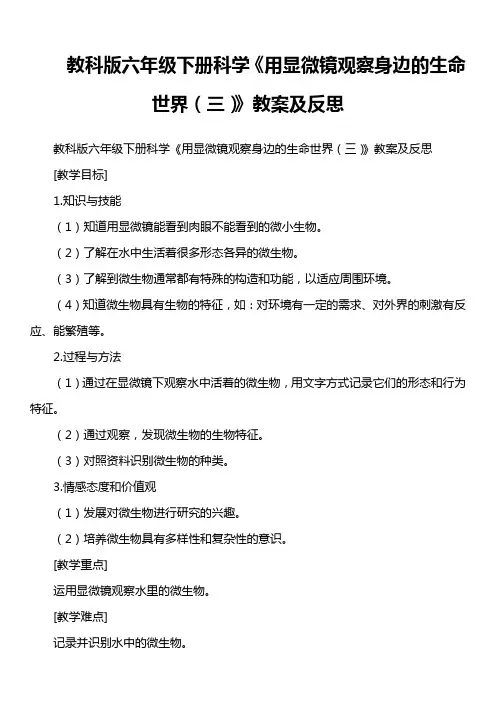 教科版六年级下册科学《用显微镜观察身边的生命世界(三)》教案及反思