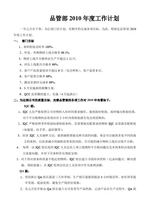 品管部2010年年度工作计划