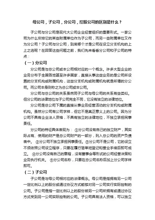 母公司，子公司，分公司，控股公司的区别是什么？