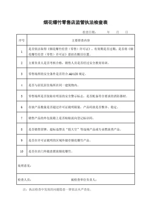 烟花爆竹零售店监管执法检查表模版