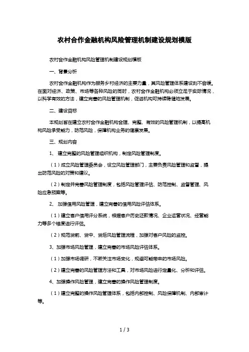 农村合作金融机构风险管理机制建设规划模版