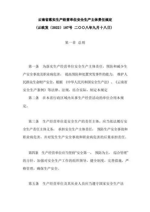 云南省落实安全生产主体责任规定