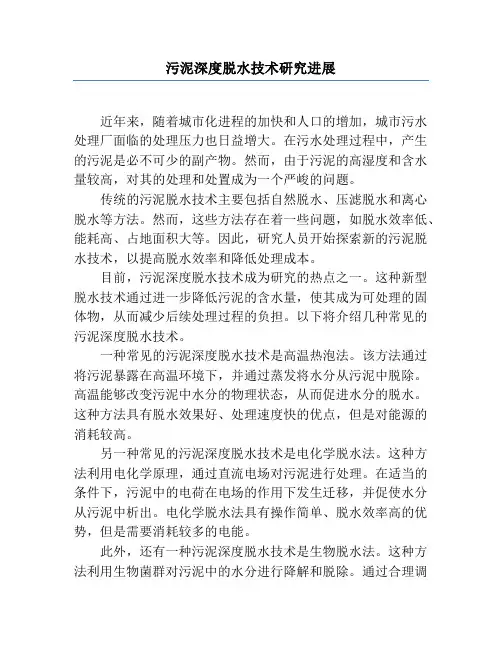 污泥深度脱水技术研究进展