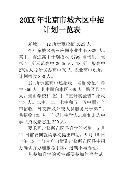 20XX年北京市城六区中招计划一览表