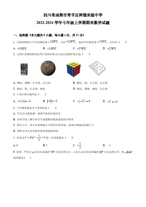 四川省成都市青羊区树德实验中学2023-2024学年七年级上学期期末数学试题(北师大版含答案)