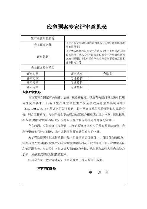 应急预案专家评审意见表