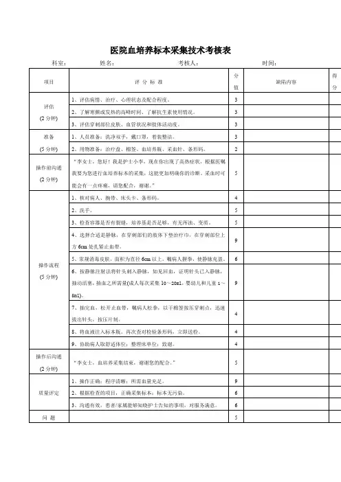 医院血培养标本采集技术考核表